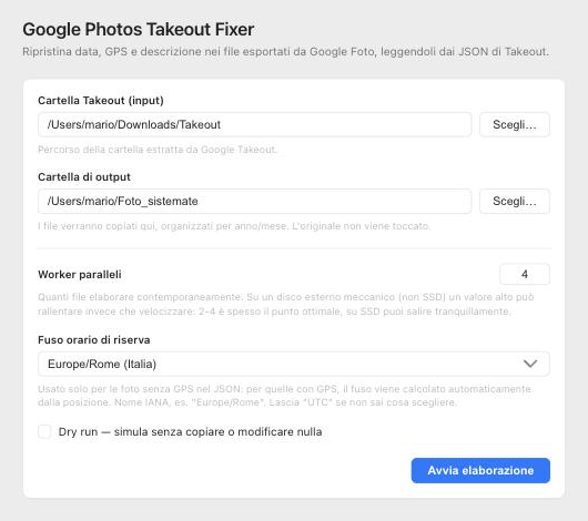 Interfaccia di Google Photos Takeout Fixer